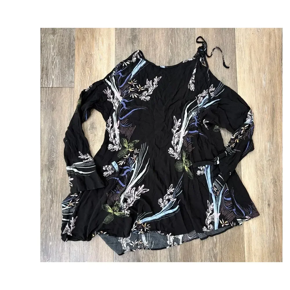 Free People Womens XS Floral Boho Tunic Dress Cold Shoulder Black Flowy Mini